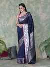 Banarasee Handloom Semi Silk Plain Saree With Silver Zari Floral Border-Navy Blue