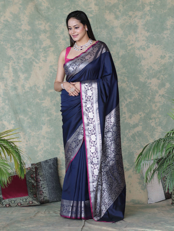 Banarasee Handloom Semi Silk Plain Saree With Silver Zari Floral Border-Navy Blue