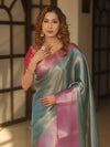 Banarasee Handwoven Tissue Zari Saree With Contrast Border-Blue & Pink