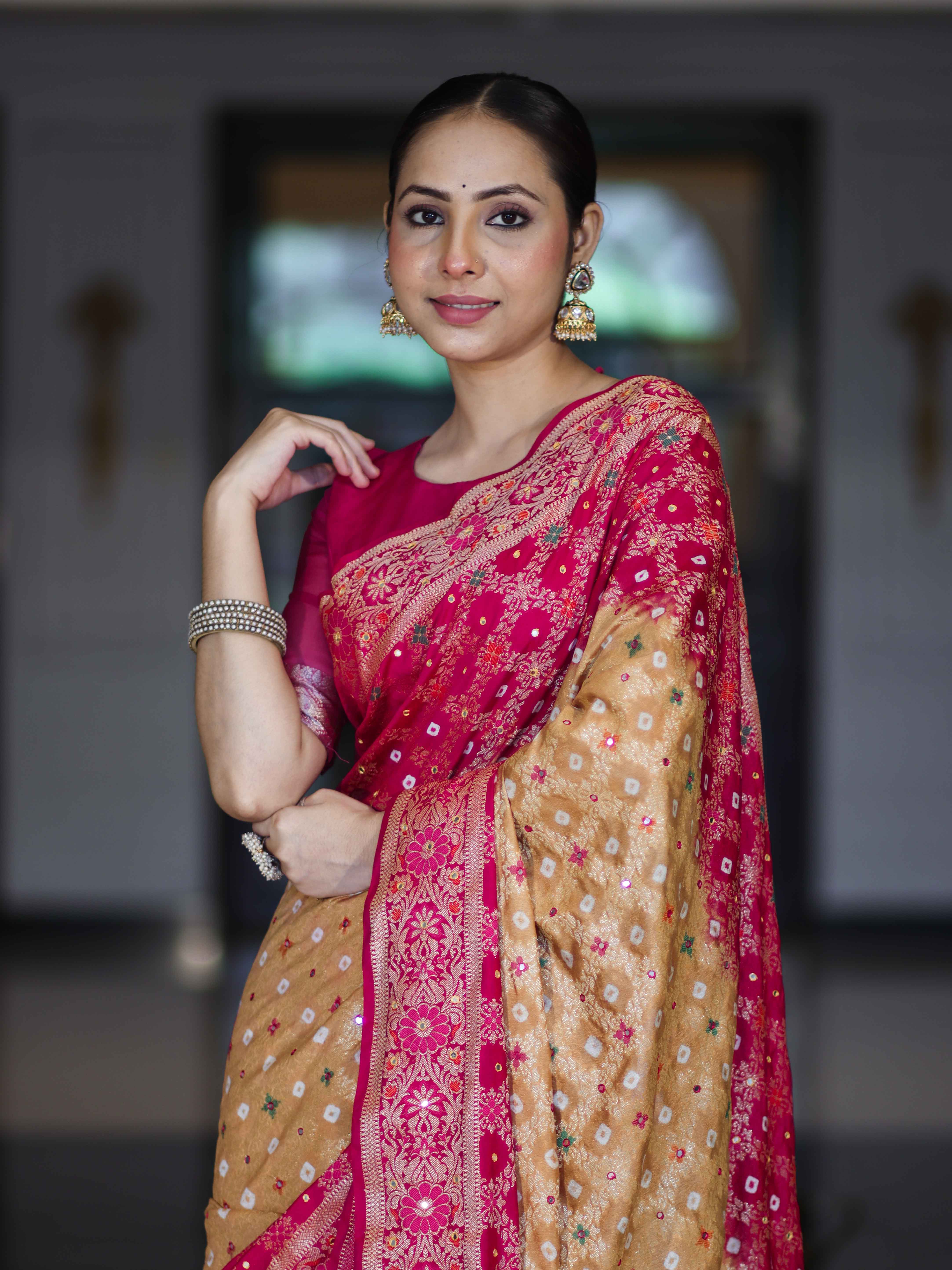 Banarasee Handloom Semi Silk Bandhej Saree With Zari Jaal Design Mirror Work & Floral Border-Yellow & Pink