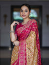 Banarasee Handloom Semi Silk Bandhej Saree With Zari Jaal Design Mirror Work & Floral Border-Yellow & Pink