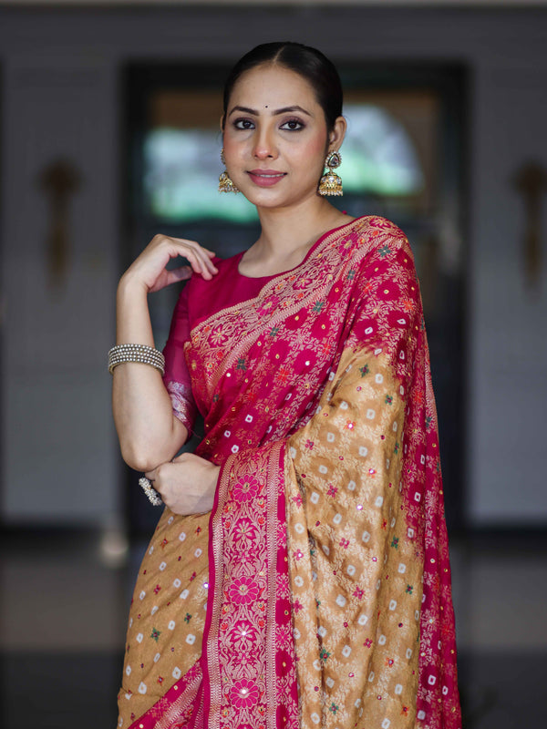 Banarasee Handloom Semi Silk Bandhej Saree With Zari Jaal Design Mirror Work & Floral Border-Yellow & Pink