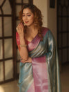 Banarasee Handwoven Tissue Zari Saree With Contrast Border-Blue & Pink