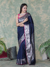 Banarasee Handloom Semi Silk Plain Saree With Silver Zari Floral Border-Navy Blue