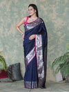 Banarasee Handloom Semi Silk Plain Saree With Silver Zari Floral Border-Navy Blue