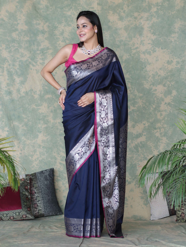 Banarasee Handloom Semi Silk Plain Saree With Silver Zari Floral Border-Navy Blue