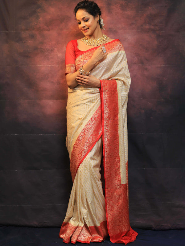 Banarasee Semi-Katan Zari Buta Saree-Cream & Red