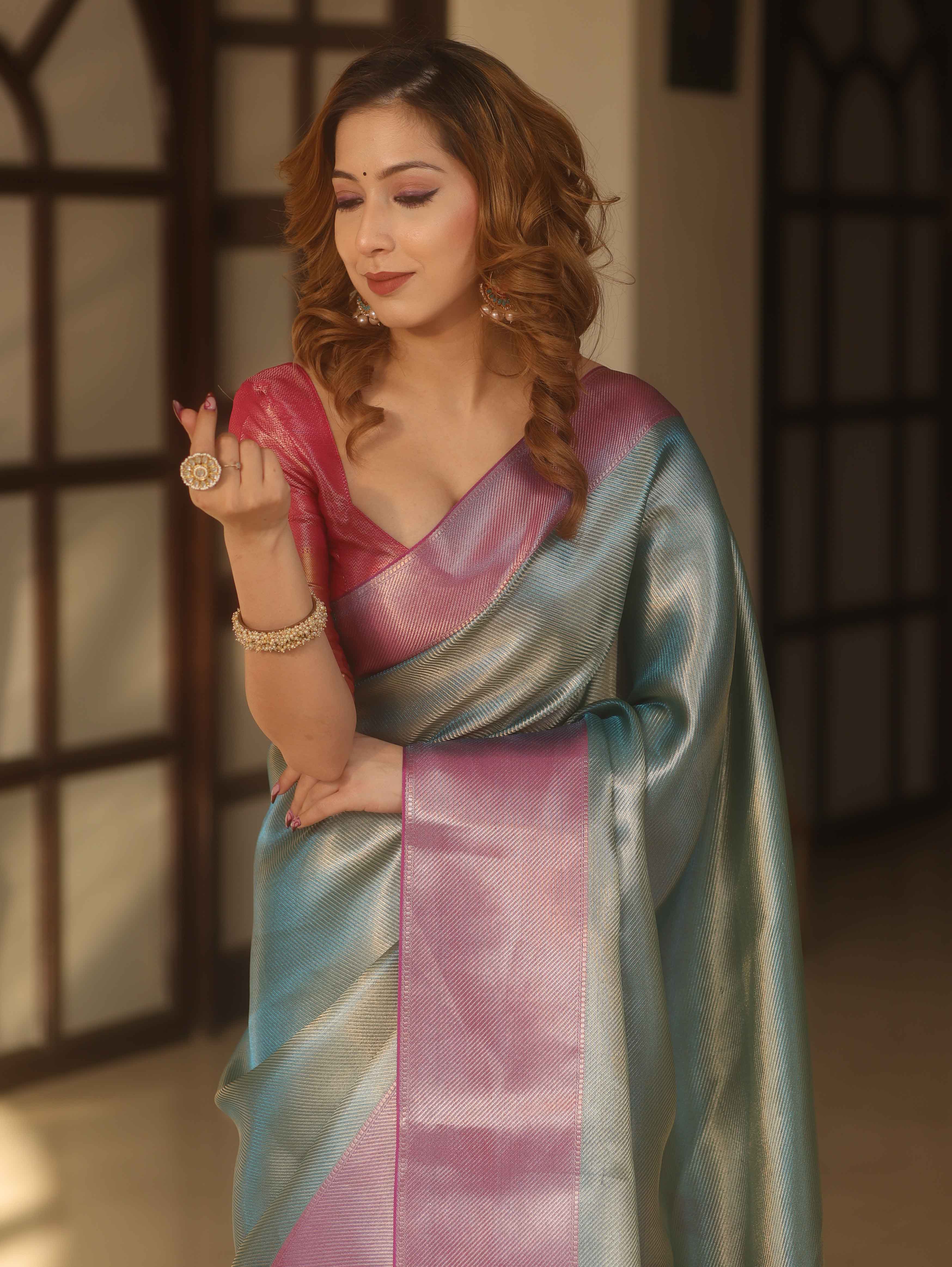 Banarasee Handwoven Tissue Zari Saree With Contrast Border-Blue & Pink