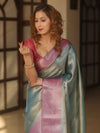 Banarasee Handwoven Tissue Zari Saree With Contrast Border-Blue & Pink