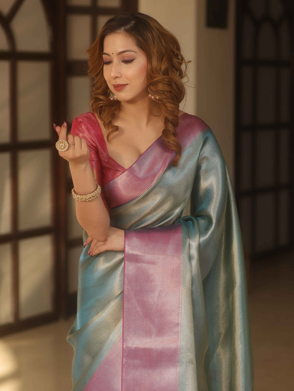 Banarasee Handwoven Tissue Zari Saree With Contrast Border-Blue & Pink