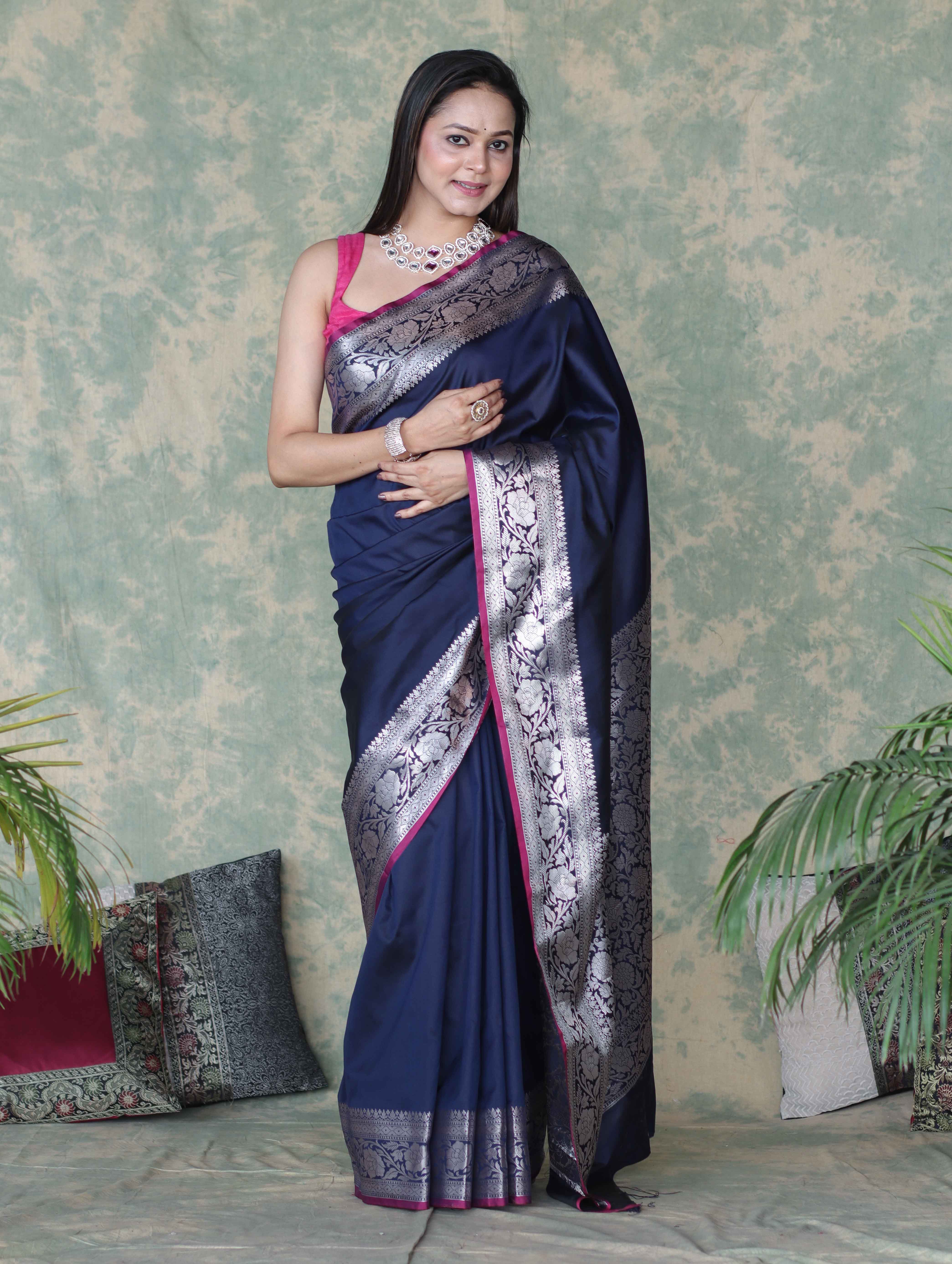 Banarasee Handloom Semi Silk Plain Saree With Silver Zari Floral Border-Navy Blue