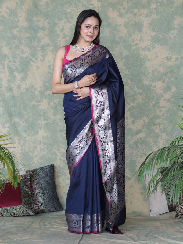 Banarasee Handloom Semi Silk Plain Saree With Silver Zari Floral Border-Navy Blue