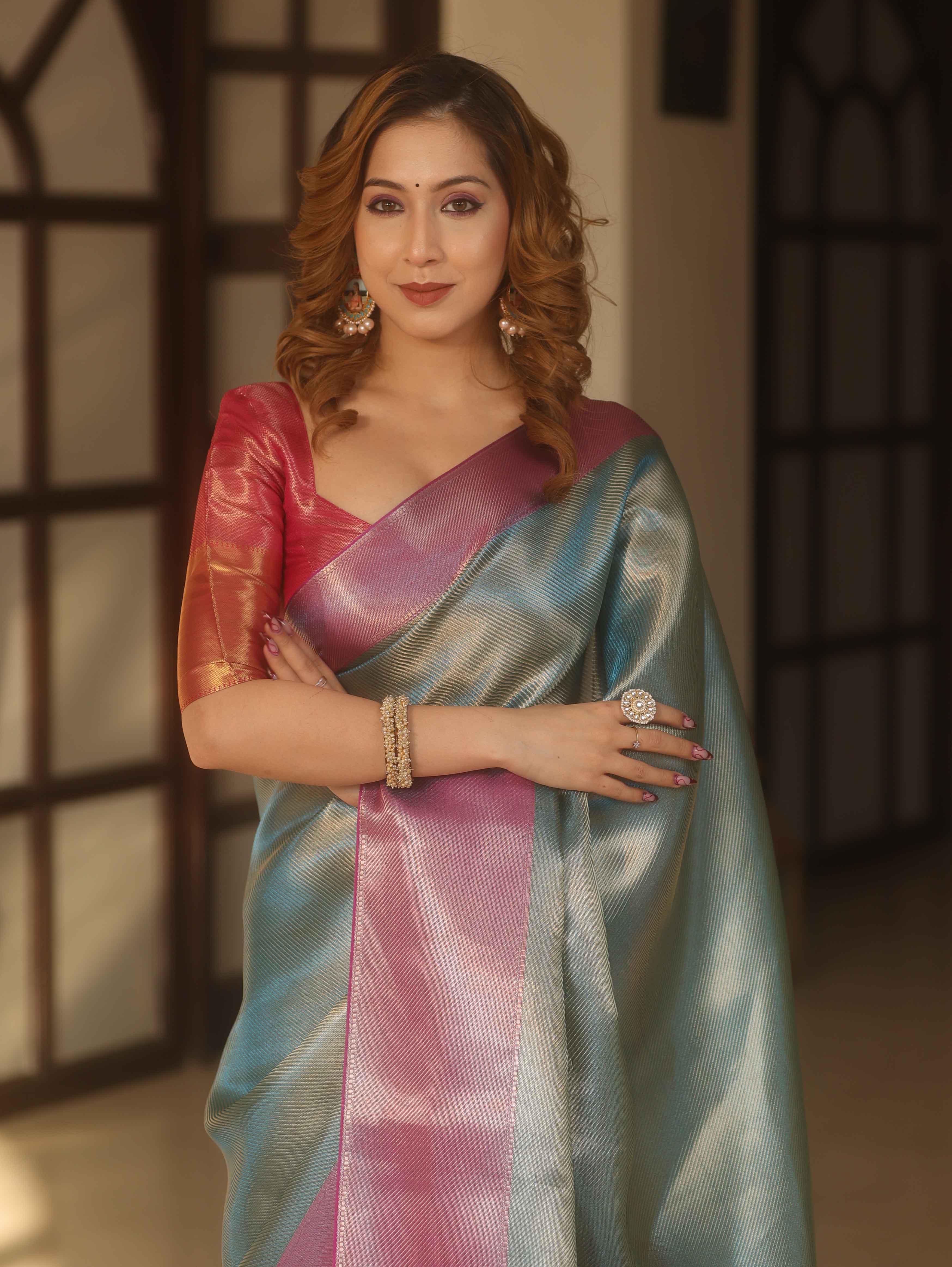 Banarasee Handwoven Tissue Zari Saree With Contrast Border-Blue & Pink
