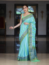 Banarasee Handloom Pure Munga Silk Hand Painted Saree With Antique Zari Work-Light Green & Blue