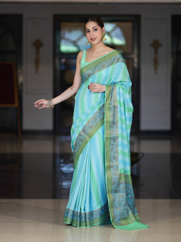 Banarasee Handloom Pure Munga Silk Hand Painted Saree With Antique Zari Work-Light Green & Blue
