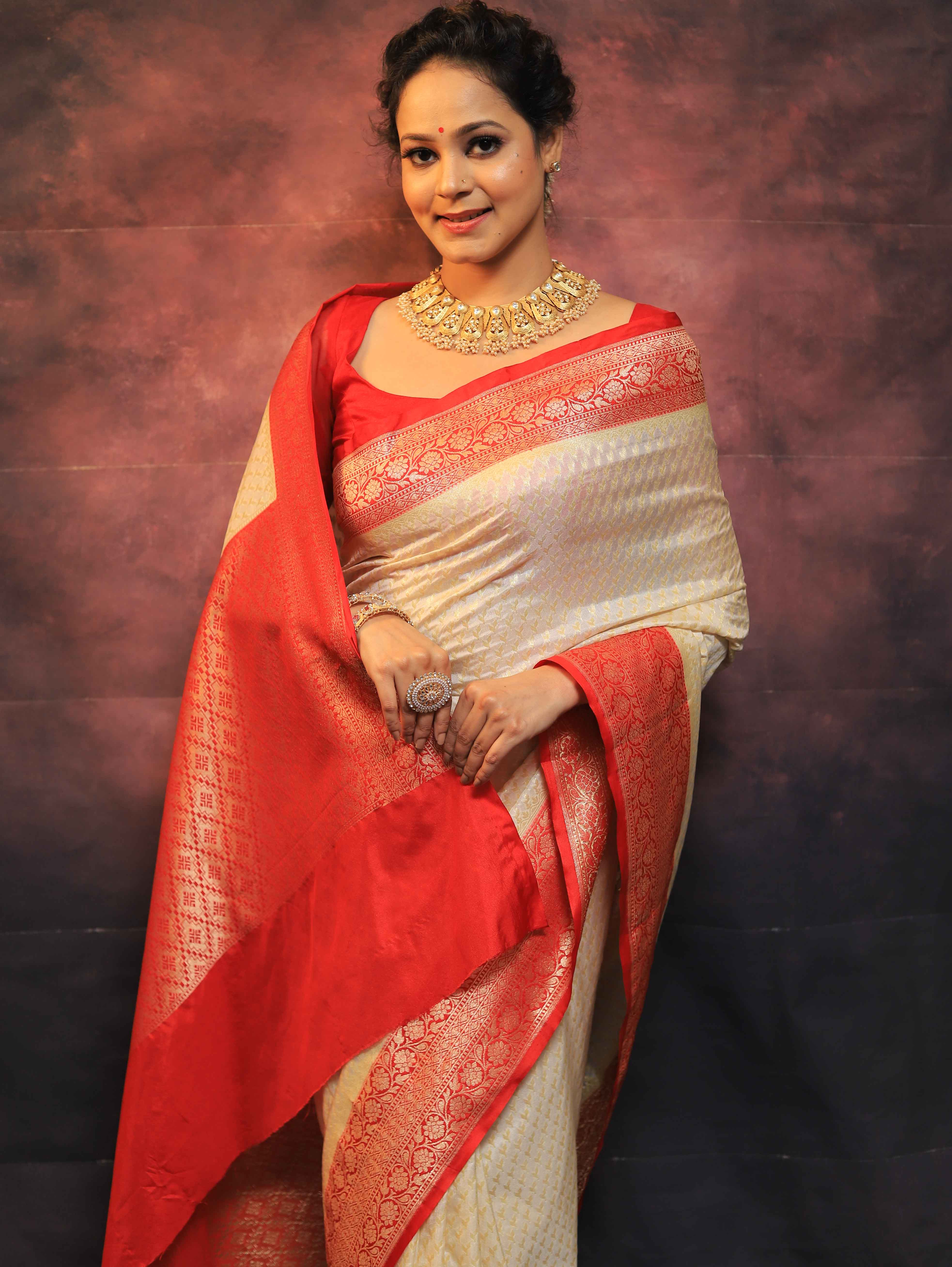 Banarasee Semi-Katan Zari Buta Saree-Cream & Red