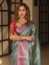 Banarasee Handwoven Tissue Zari Saree With Contrast Border-Blue & Pink