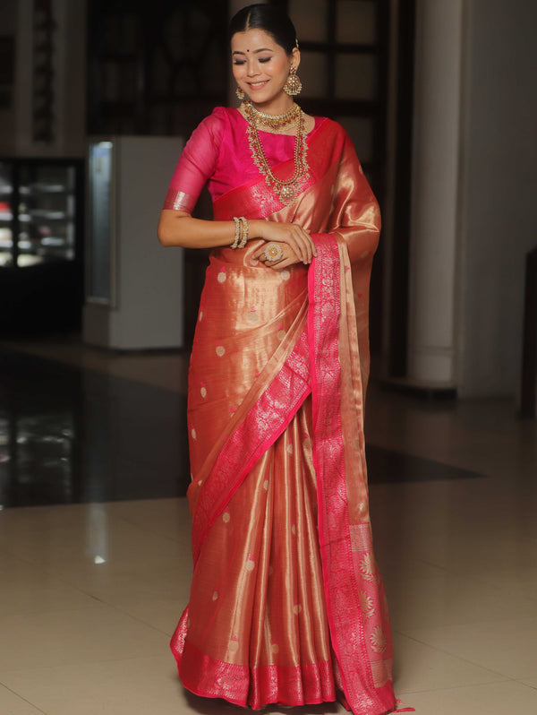 Banarasee Contrast Border Buta Design Tissue Saree-Red & Pink