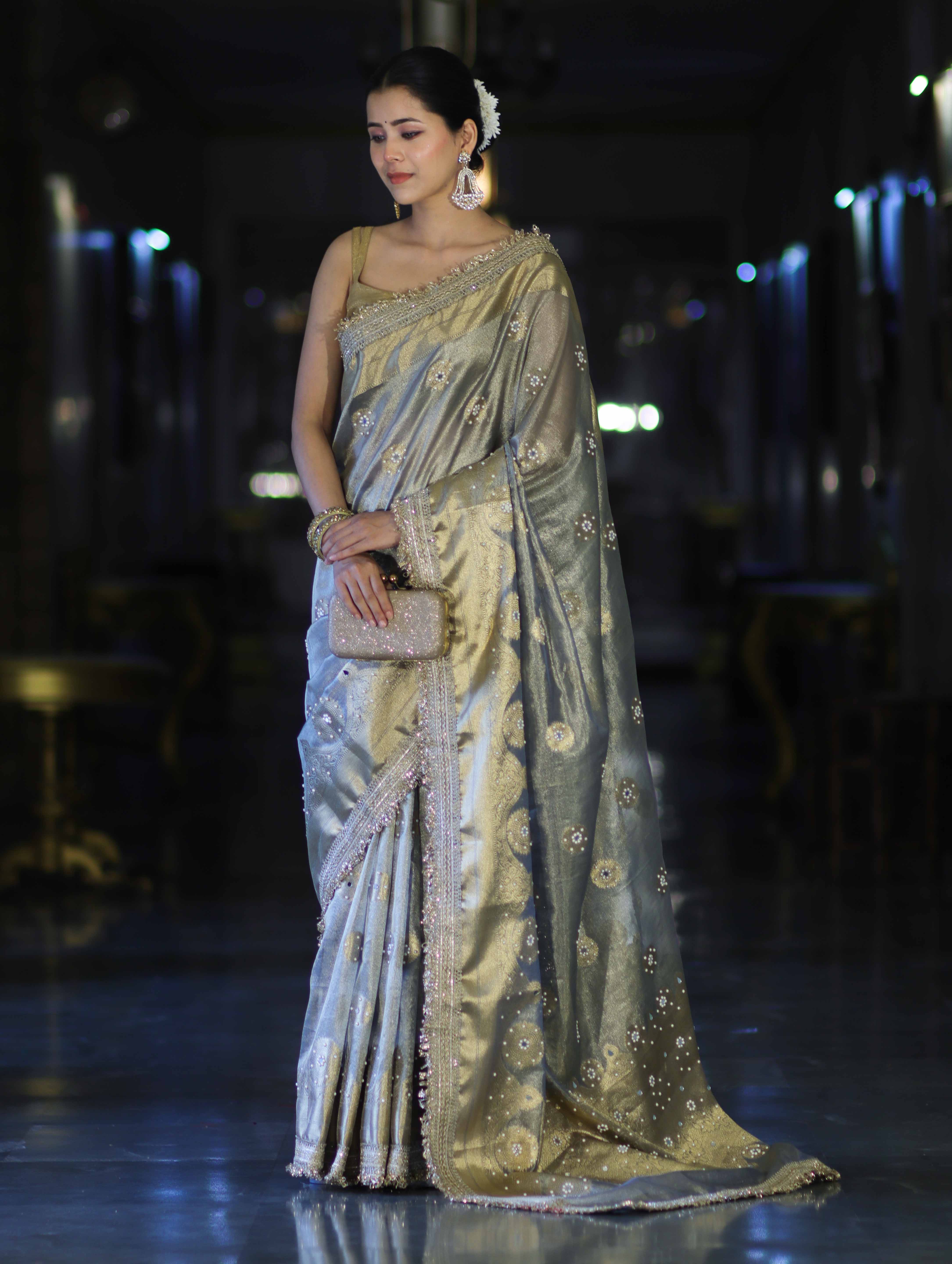 Banarasee Tissue Zari Saree With Handwork Pearl Motifs & Mirror Work-Grey (Blue Tone)