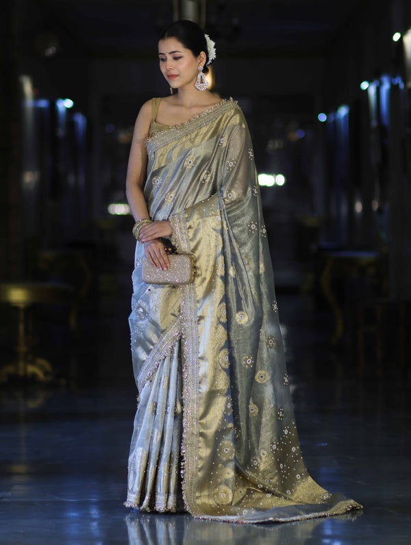 Banarasee Tissue Zari Saree With Handwork Pearl Motifs & Mirror Work-Grey (Blue Tone)