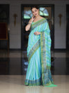 Banarasee Handloom Pure Munga Silk Hand Painted Saree With Antique Zari Work-Light Green & Blue
