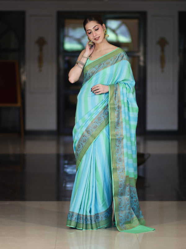 Banarasee Handloom Pure Munga Silk Hand Painted Saree With Antique Zari Work-Light Green & Blue