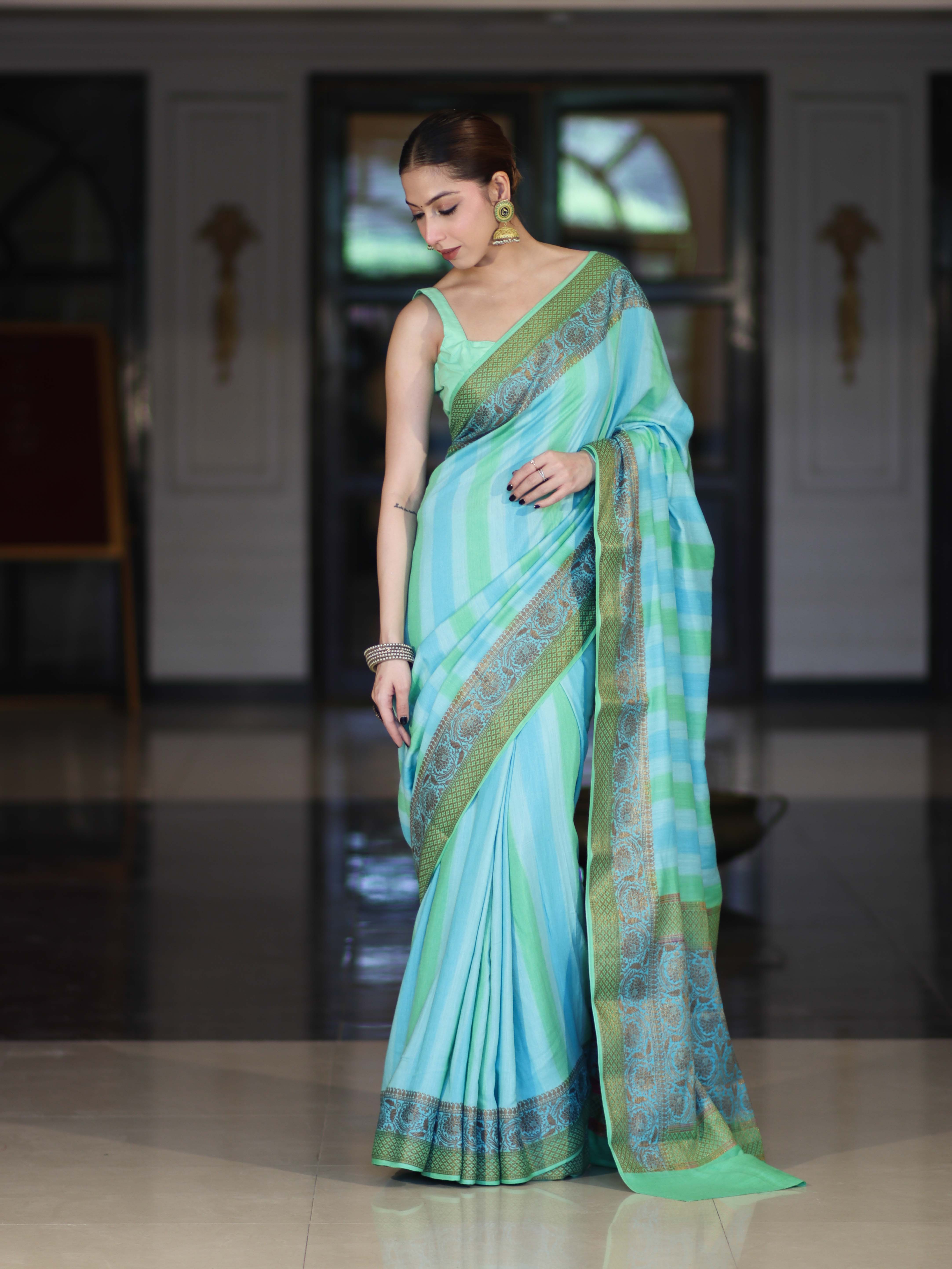 Banarasee Handloom Pure Munga Silk Hand Painted Saree With Antique Zari Work-Light Green & Blue