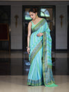 Banarasee Handloom Pure Munga Silk Hand Painted Saree With Antique Zari Work-Light Green & Blue