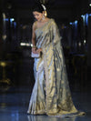 Banarasee Tissue Zari Saree With Handwork Pearl Motifs & Mirror Work-Grey (Blue Tone)