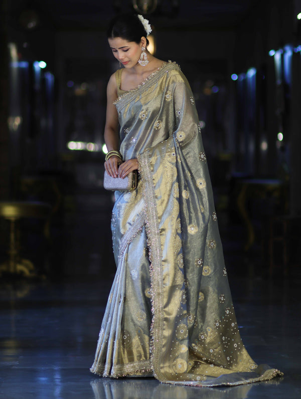 Banarasee Tissue Zari Saree With Handwork Pearl Motifs & Mirror Work-Grey (Blue Tone)