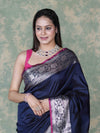 Banarasee Handloom Semi Silk Plain Saree With Silver Zari Floral Border-Navy Blue