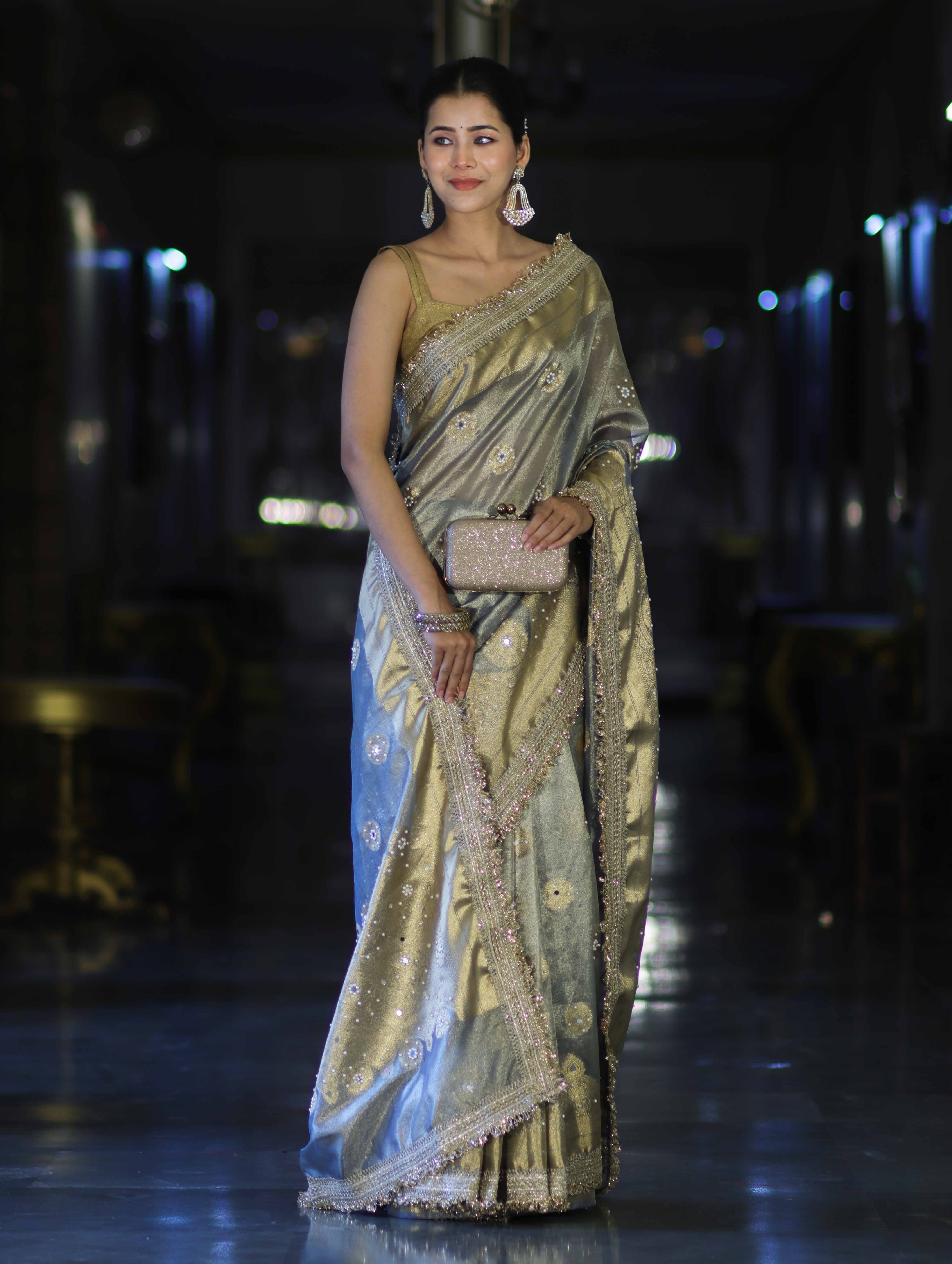 Banarasee Tissue Zari Saree With Handwork Pearl Motifs & Mirror Work-Grey (Blue Tone)