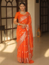 Banarasee Handwoven Semi-Chiffon Saree With Silver Zari Work-Orange