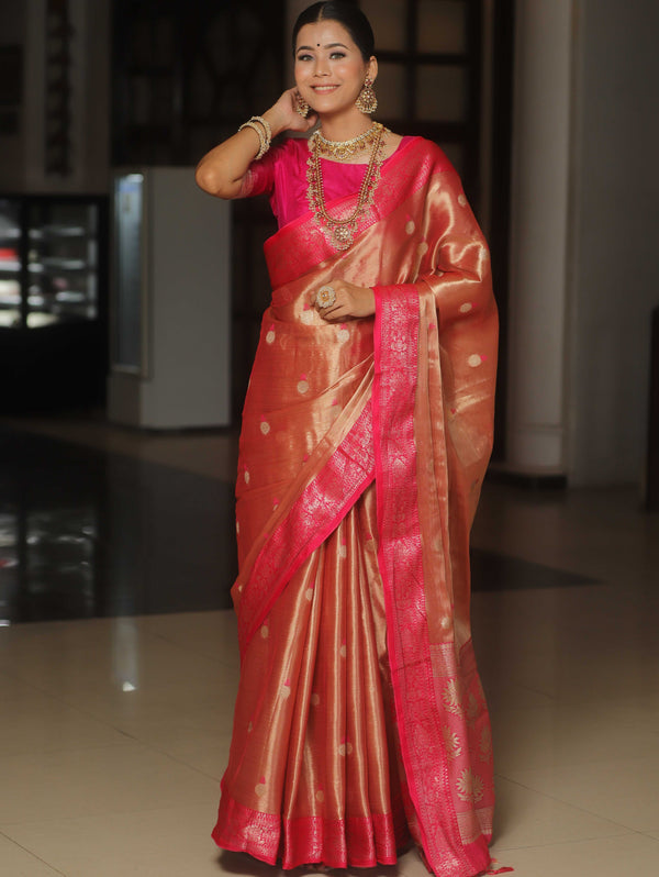 Banarasee Contrast Border Buta Design Tissue Saree-Red & Pink