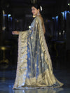 Banarasee Tissue Zari Saree With Handwork Pearl Motifs & Mirror Work-Grey (Blue Tone)