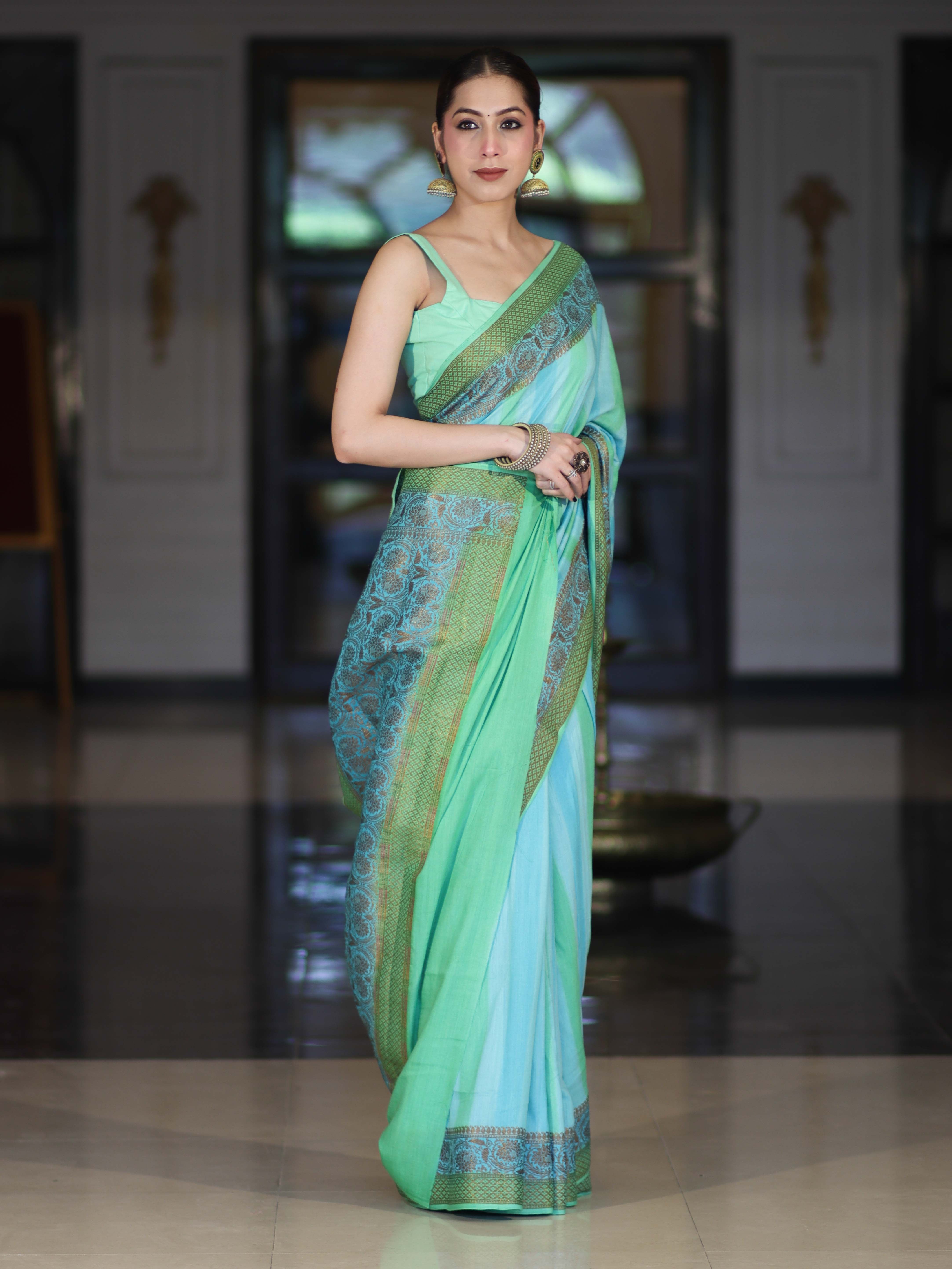 Banarasee Handloom Pure Munga Silk Hand Painted Saree With Antique Zari Work-Light Green & Blue