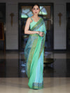 Banarasee Handloom Pure Munga Silk Hand Painted Saree With Antique Zari Work-Light Green & Blue