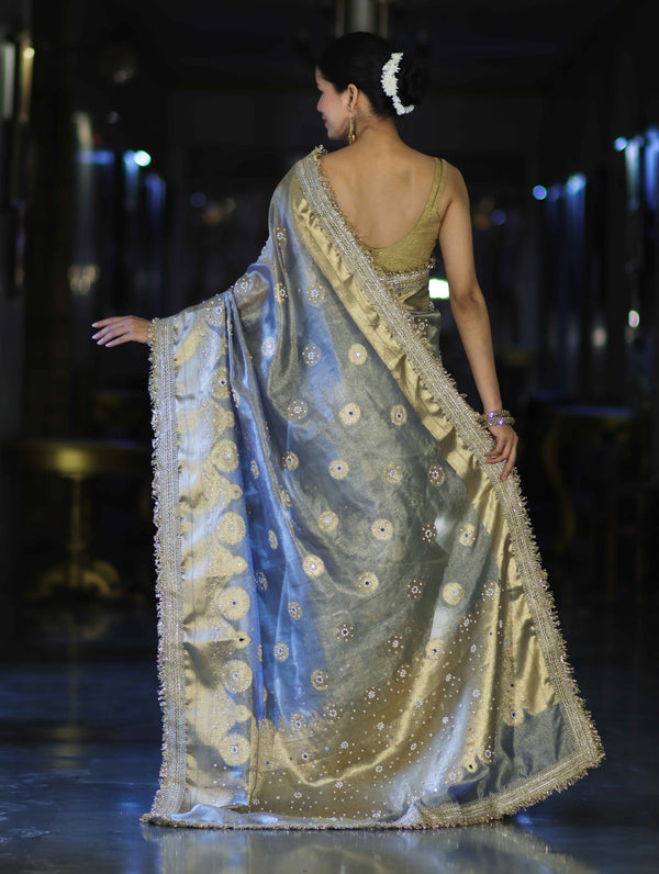 Banarasee Tissue Zari Saree With Handwork Pearl Motifs & Mirror Work-Grey (Blue Tone)
