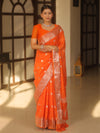 Banarasee Handwoven Semi-Chiffon Saree With Silver Zari Work-Orange