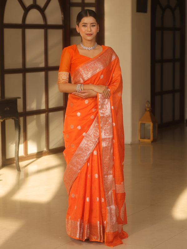 Banarasee Handwoven Semi-Chiffon Saree With Silver Zari Work-Orange