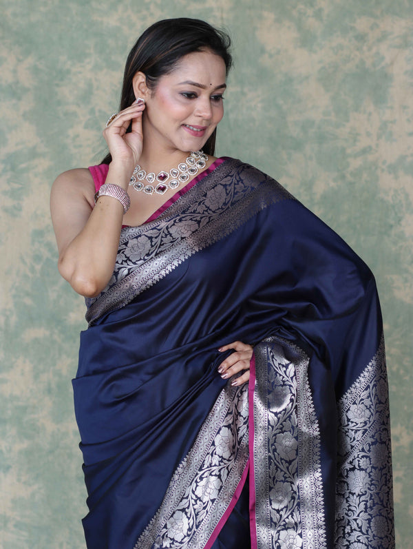 Banarasee Handloom Semi Silk Plain Saree With Silver Zari Floral Border-Navy Blue