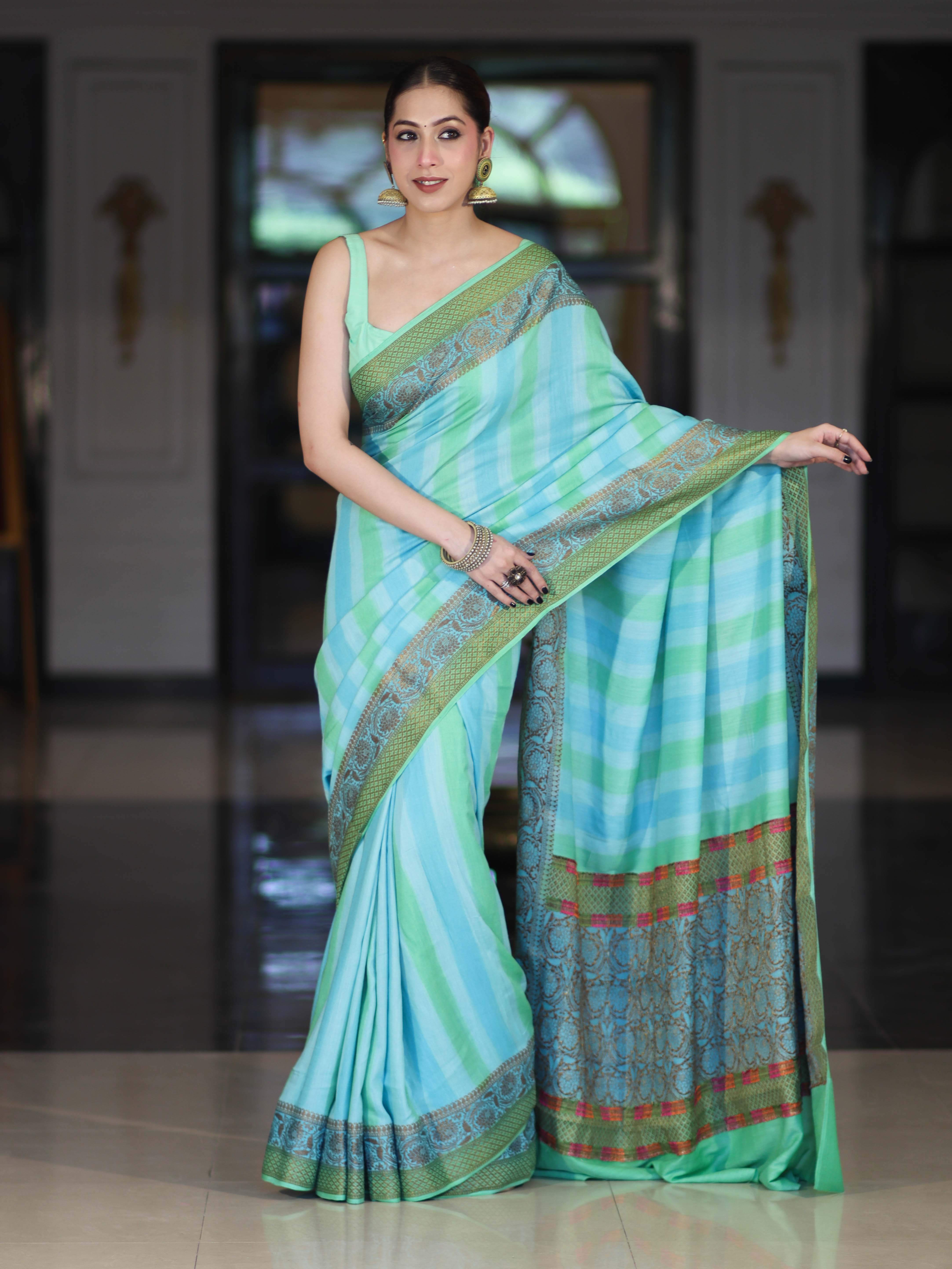 Banarasee Handloom Pure Munga Silk Hand Painted Saree With Antique Zari Work-Light Green & Blue