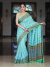 Banarasee Handloom Pure Munga Silk Hand Painted Saree With Antique Zari Work-Light Green & Blue