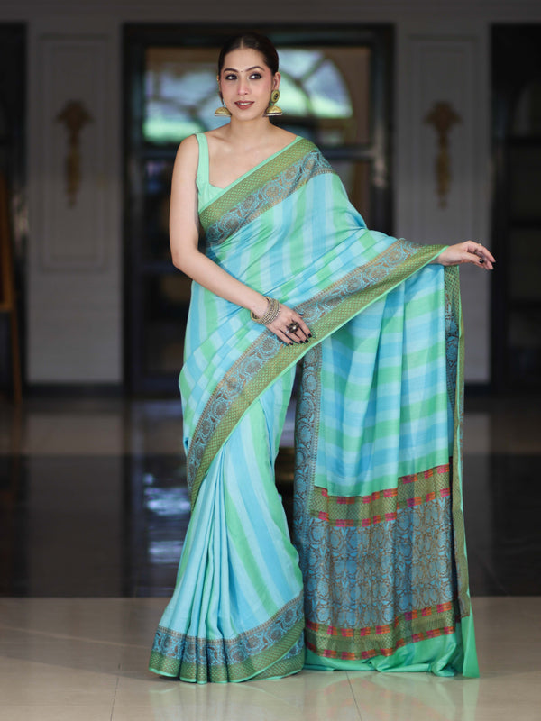 Banarasee Handloom Pure Munga Silk Hand Painted Saree With Antique Zari Work-Light Green & Blue