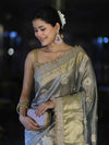Banarasee Tissue Zari Saree With Handwork Pearl Motifs & Mirror Work-Grey (Blue Tone)