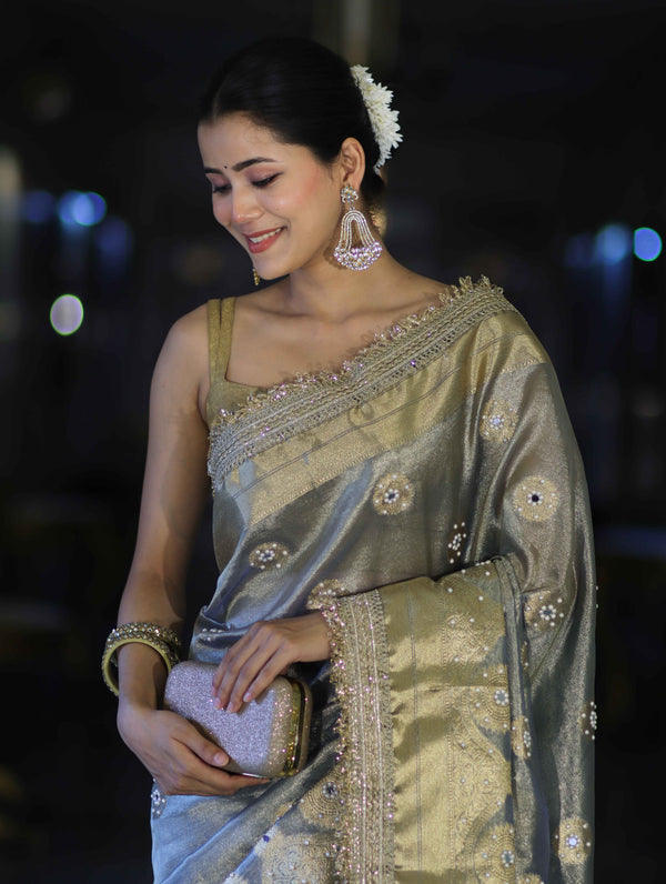 Banarasee Tissue Zari Saree With Handwork Pearl Motifs & Mirror Work-Grey (Blue Tone)