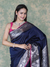 Banarasee Handloom Semi Silk Plain Saree With Silver Zari Floral Border-Navy Blue