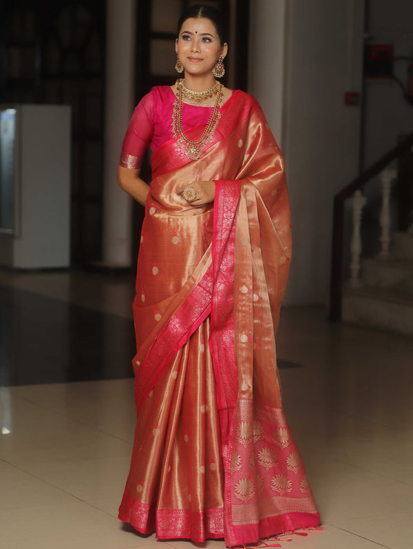 Banarasee Contrast Border Buta Design Tissue Saree-Red & Pink