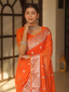 Banarasee Handwoven Semi-Chiffon Saree With Silver Zari Work-Orange