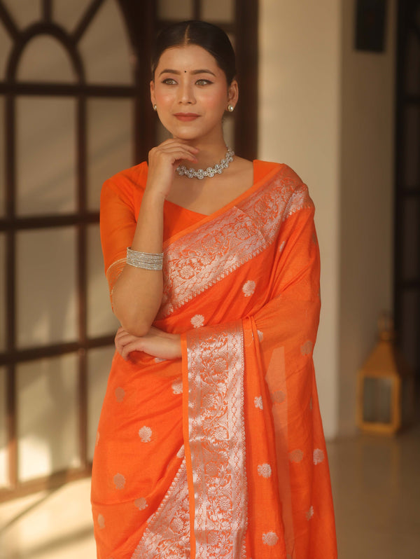 Banarasee Handwoven Semi-Chiffon Saree With Silver Zari Work-Orange
